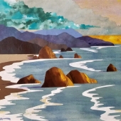 Norma Eaton - "Haystack Rock Sunset” – https://m.facebook.com/normacollageartist