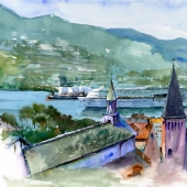 Severn Wang - "Old Church - Cruise Ship - Nagasaki Port” – severn_watercolor@outlook.com